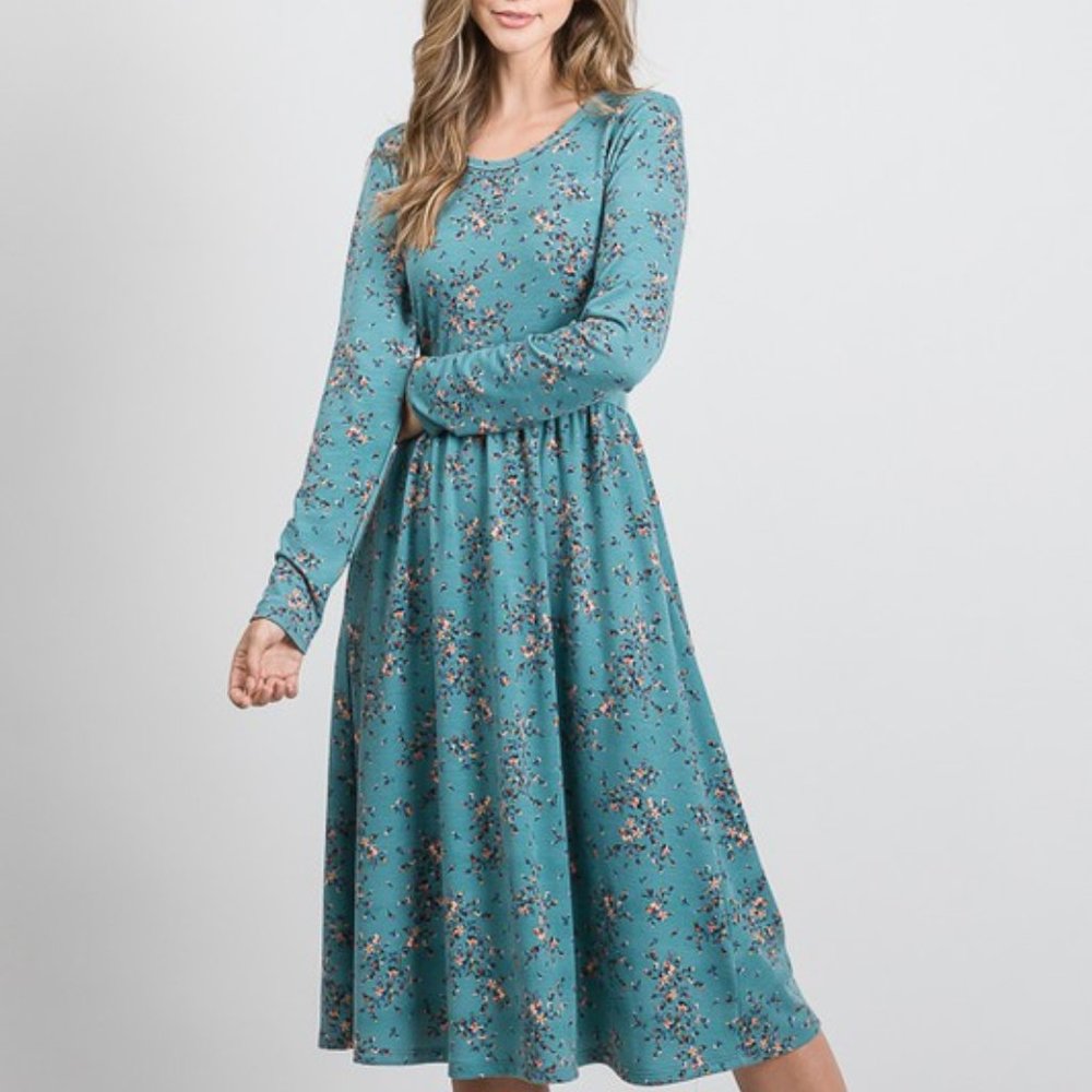 Spring Teal Green Floral Print Long Sleeve Midi Bohemian Dress with Pocket
